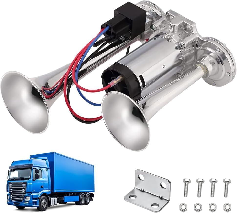 Bocina de aire de 24 V, 120 dB súper fuerte, bocina de aire de doble tubo, con compresor, bocina de aire, bocina de aire, kit de bocina de aire, para vehículos de 24 V, camiones, trenes, barcos