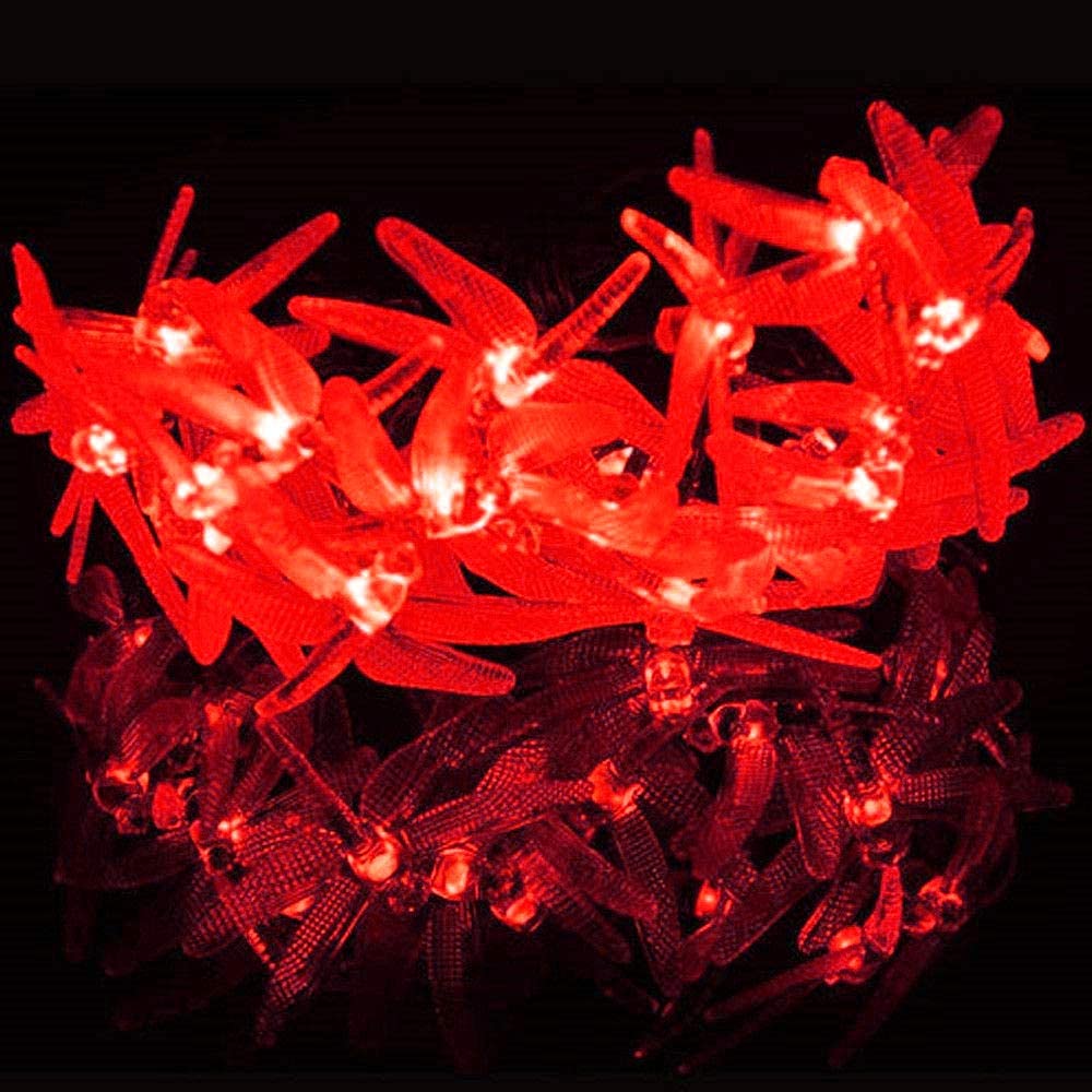 Catena luminosa solare a forma di libellula per esterni con telecomando, 22 m, 200 LED, impermeabili, 8 modalità. (rosso)