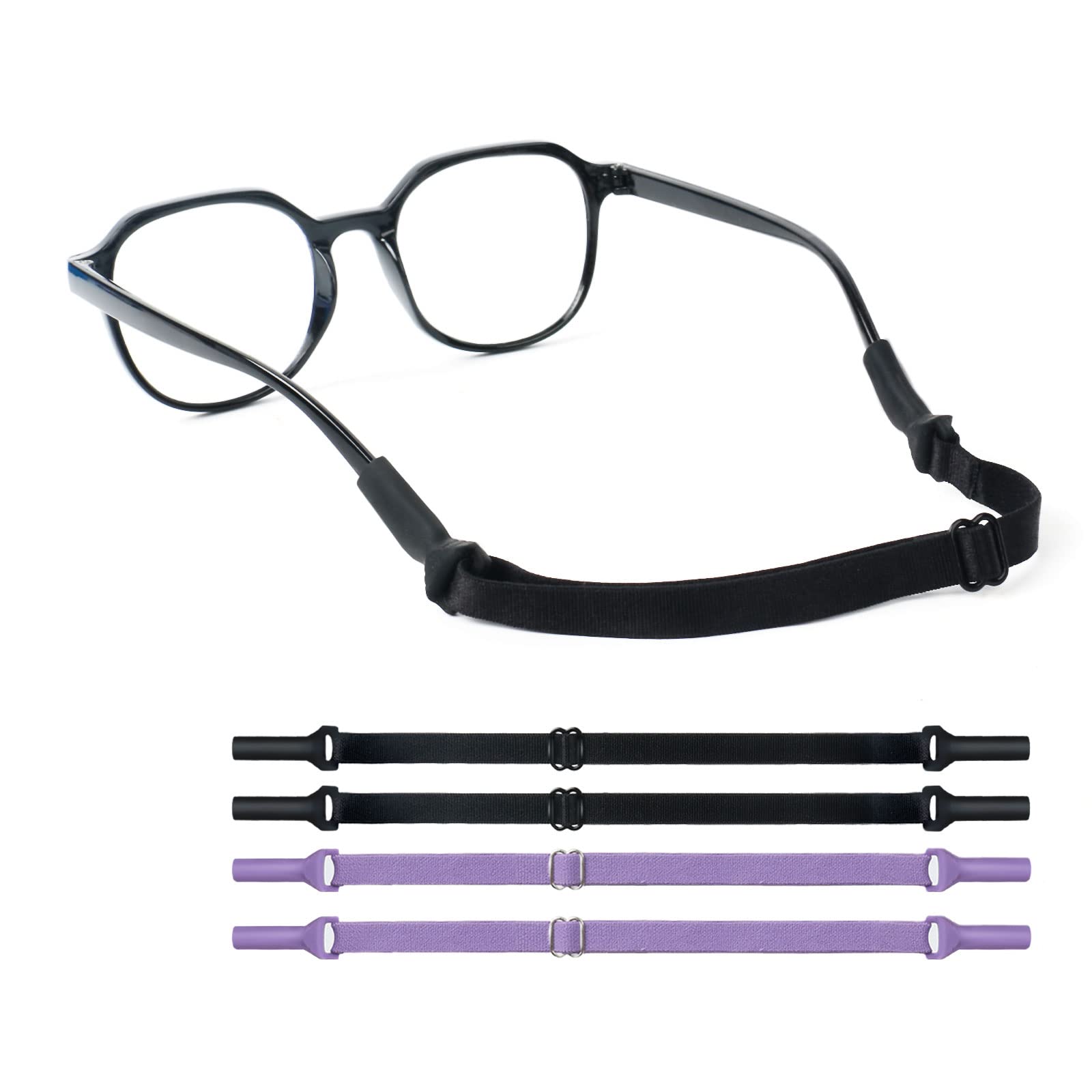 Adjustable Glasses Straps - 4 PCS No Tail Adjustable Anti Slip Sports Sunglasses, Eyeglasses Holder Glasses Straps for Men, Women, Set includes Black Glasses Strap & Purple Eyewear Retainer