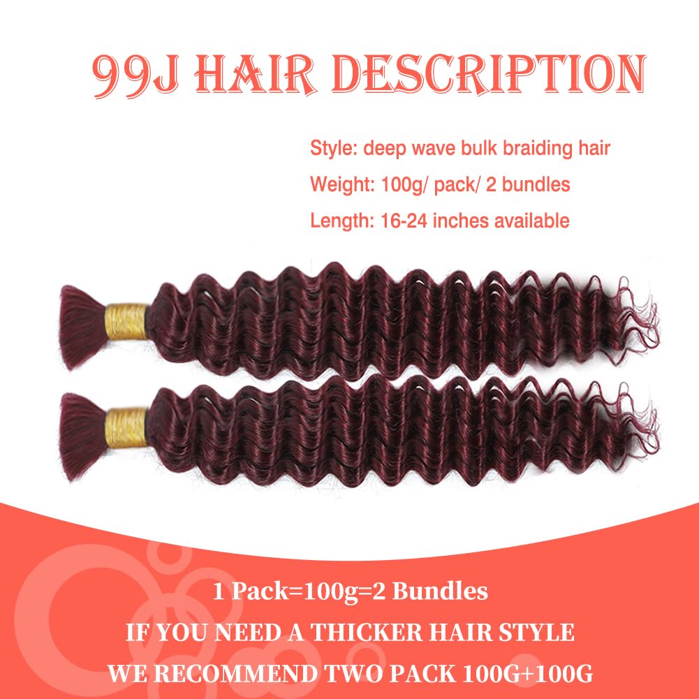 100g 16 Inch Human Braiding Hair Deep Wave Bulk Human Hair for Braiding 2 Bundles/Pack No Weft Human Braiding Hair for Boho Braids Brazilian Virgin Human Hair Extensions 99J Burgundy