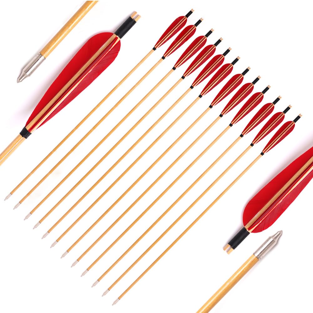 12 Pezzi OD 8 mm Freccia di Legno 5 Pollici Rosso Forma della Goccia Piuma di Tacchino, 82 cm di Lunghezza per Arco e Freccia Tiro con L'Arco Pratica e Caccia