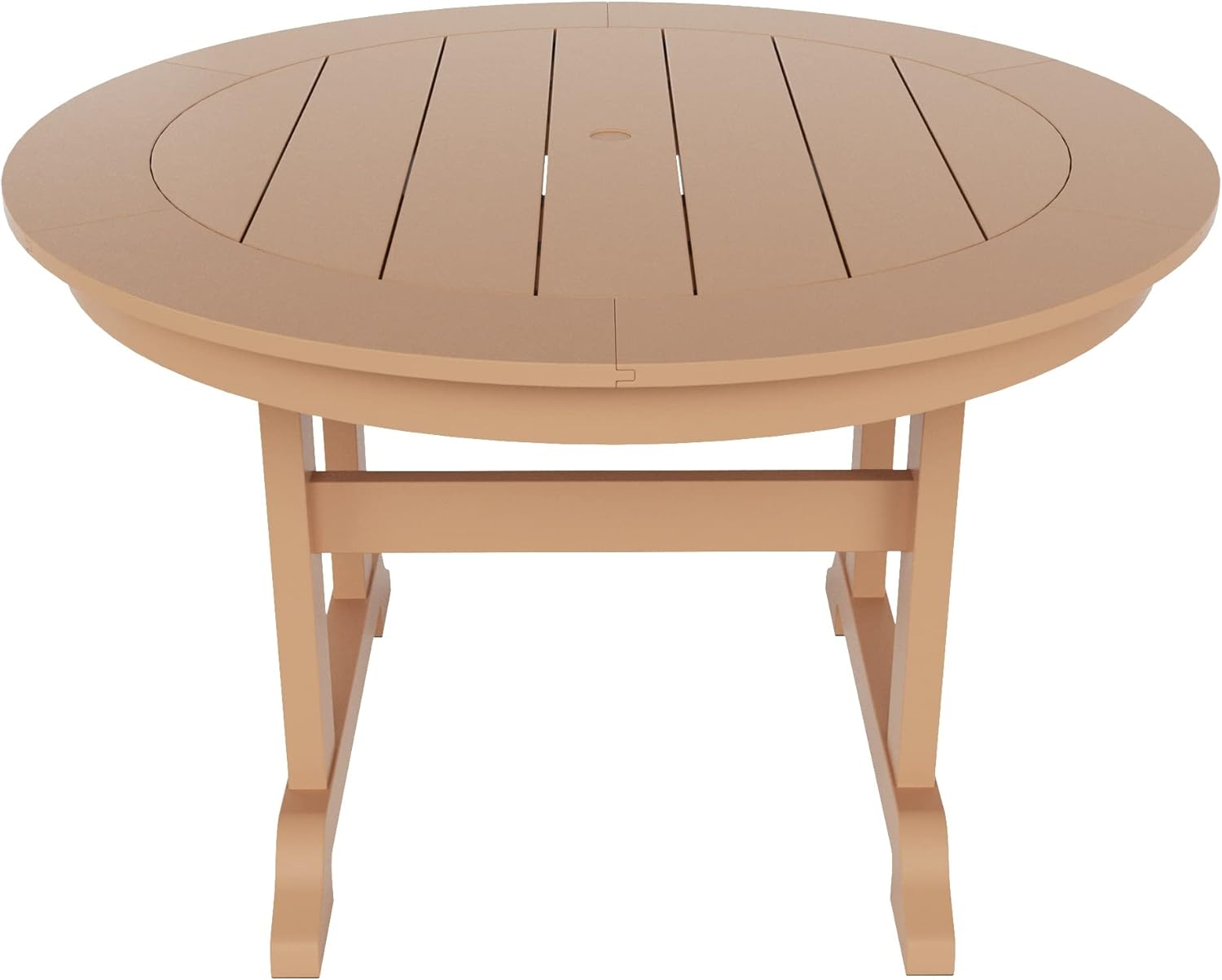 WestinTrends Malibu Patio Dining Table, All Weather Poly Lumber Adirondack 47" Trestle Round Outdoor Table with Umbrella Hole, Teak