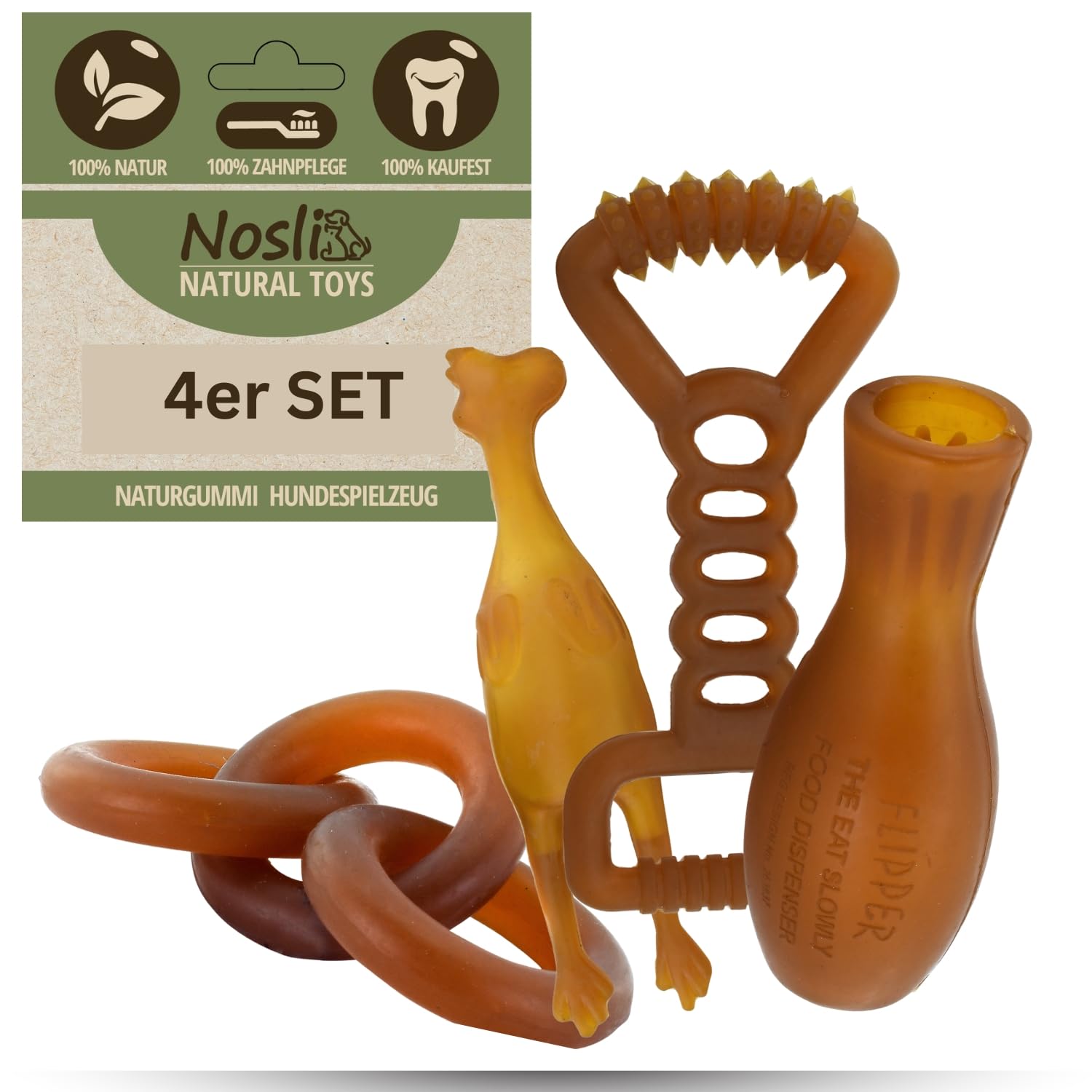 Natural Toys - Juego de juguetes para perros • 100% caucho natural • Cuidado dental y masticable • Juguetes resistentes para lanzar y tirar para perros pequeños y grandes • Juguetes de