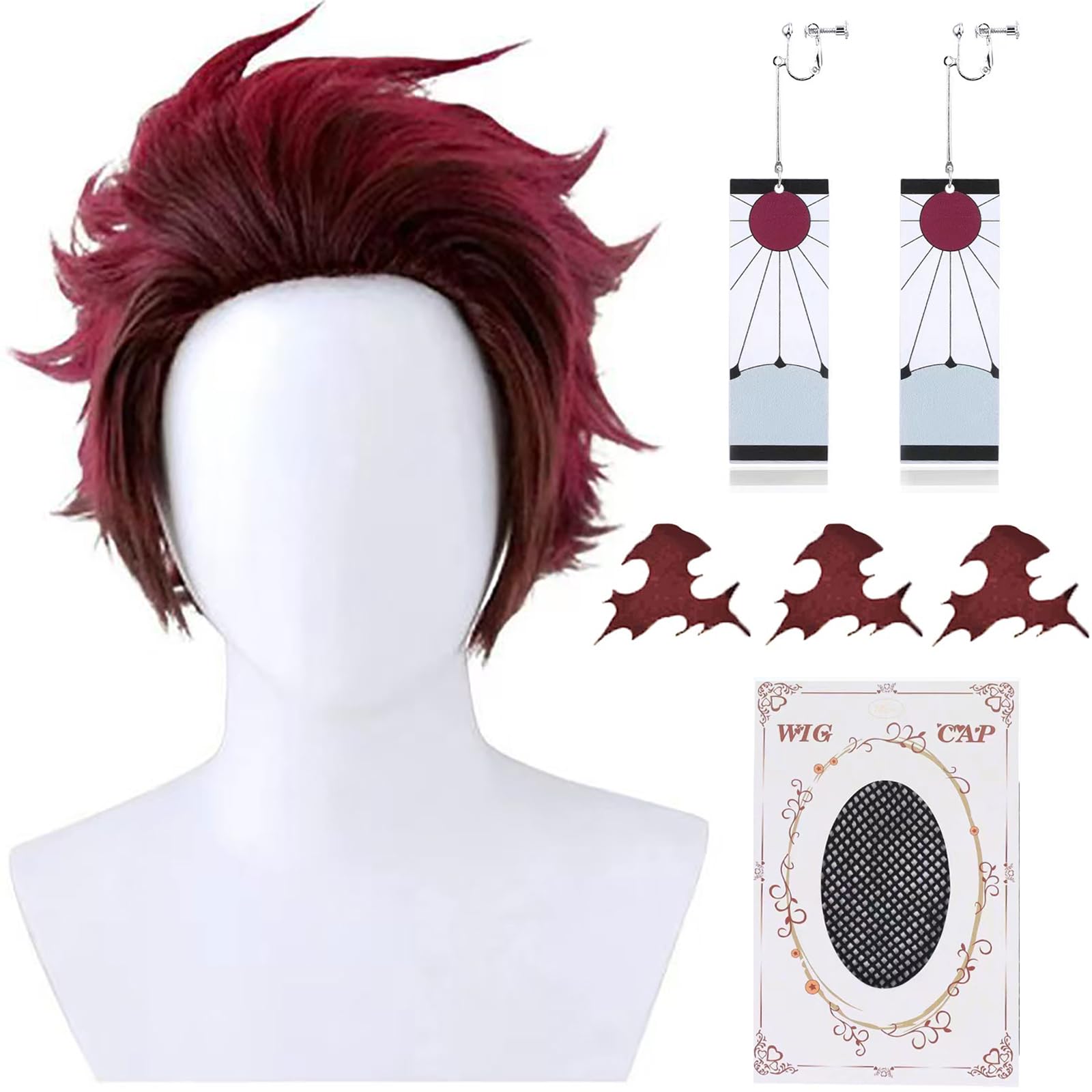 Aqnhec Tanjiro Cosplay Wig with Earrings Marking Black Red Anime Wig with Cap Short Layered Brown Costume Wig for Cosplay Show,Halloween