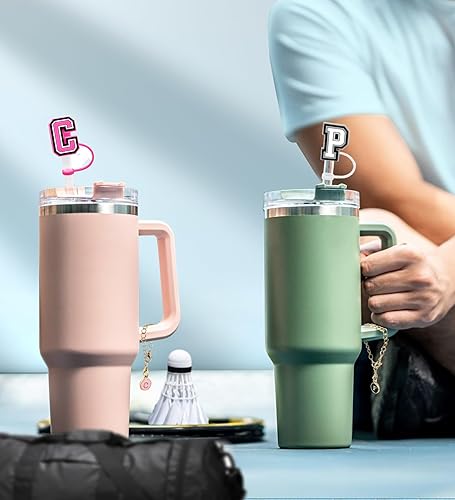 Miniatura 6 de (3 +3) 3 fundas de popote de Nuozme de 0.394 pulgadas para vaso Stanley, reutilizable, tapa de popote con 3 dijes de letras iniciales, accesorios