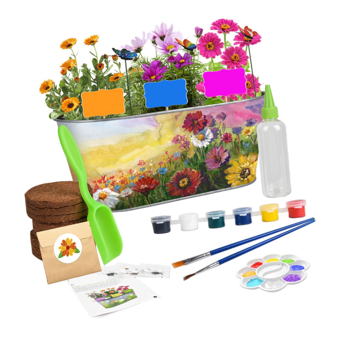 Kit de Jardinería para 1 Unidad Maceta de Hierro, Pintura y Herramientas DIY para Plantar Flores y Hierbas Aromáticas en Interiores, Actividad Educativa Creativa para Manualidades