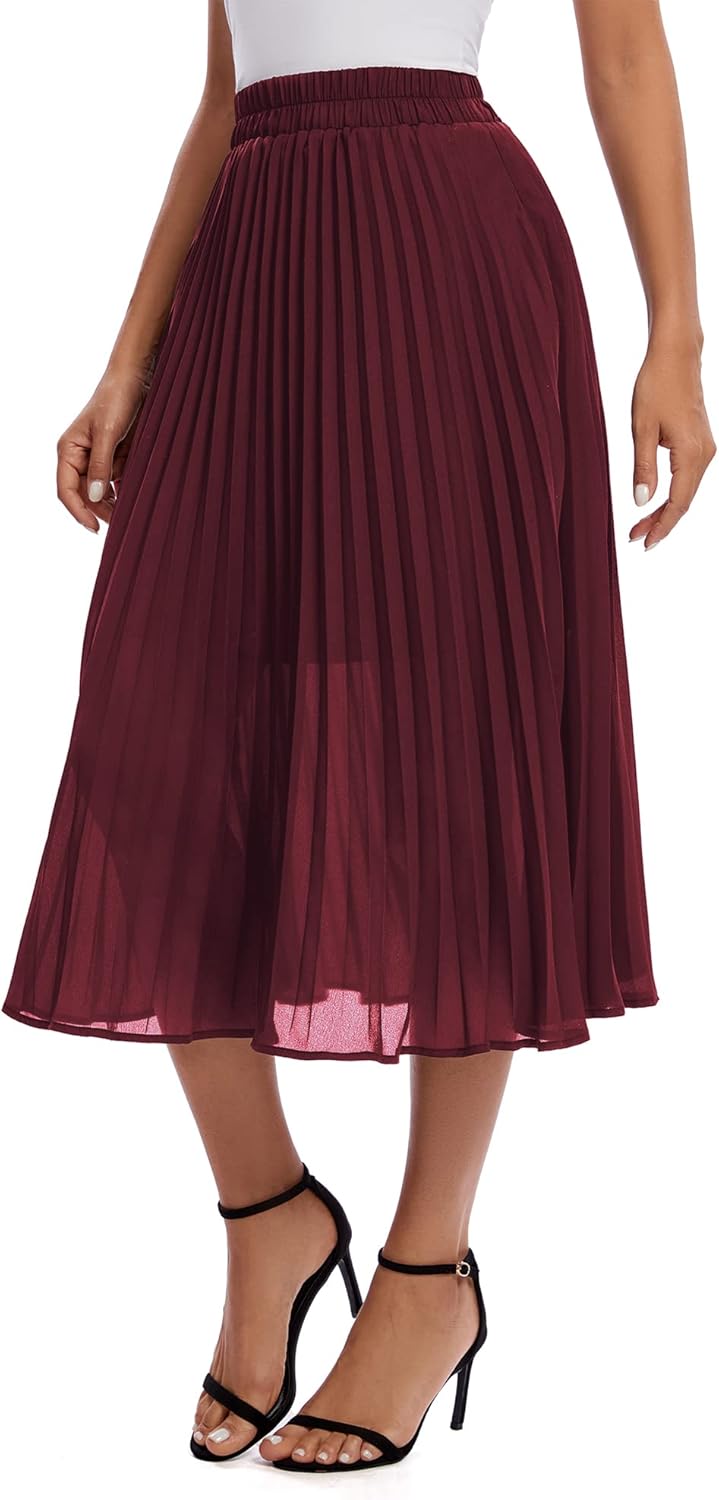 Urban CoCo Women's A Line Elastic Wasit Chiffon Midi Skirt Flare Pleated Skirts with Pockets - Image 4