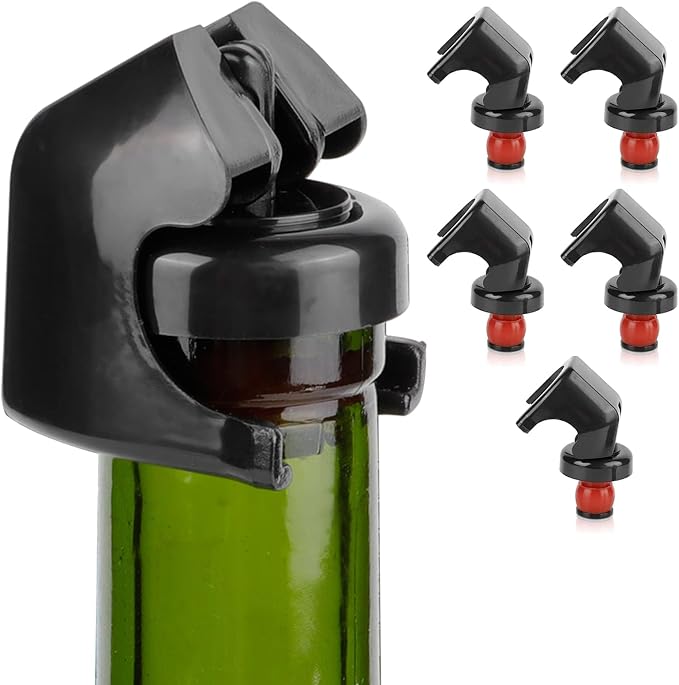 HERCHR 5PCS Champagne&Wine Bottle Stoppers, Wine Stoppers for Wine Bottles with Food Grade Silicone Leak Proof Keep Fresh Professional Wine Saver for Champagne Cava Prosecco and Sparkling, Black