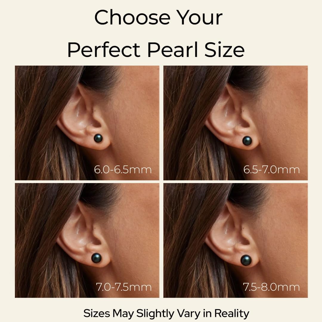 THE PEARL SOURCE Black Japanese Akoya Real Pearl Earrings for Women - 14k Gold Stud Earrings | Hypoallergenic Earrings with Genuine Cultured Pearls