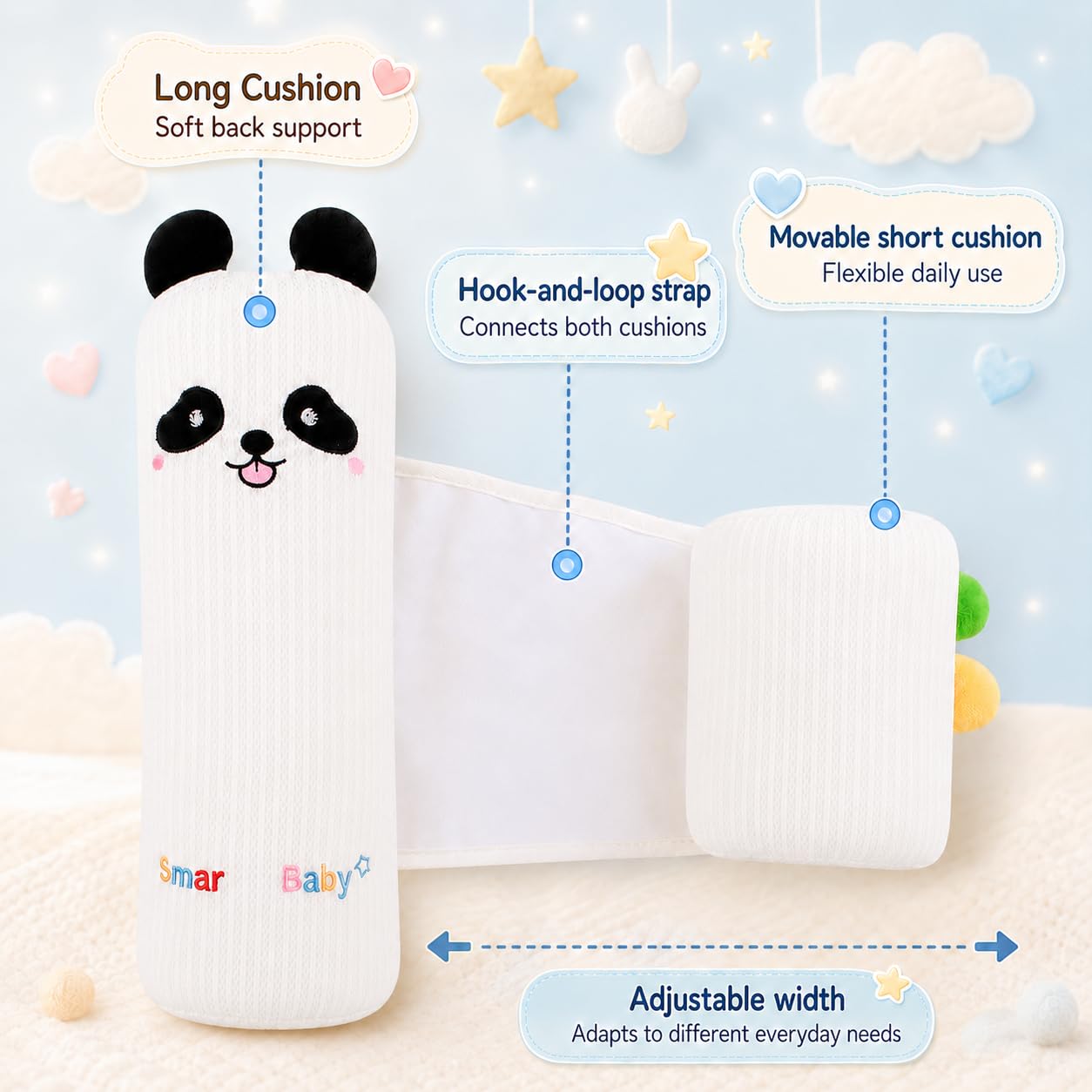 Cale Réglable pour Bébé, Oreiller Ultra-Doux Respirant de Maintien pour Lit avec Bande Ajustable, Motif Panda oTigre（Panda）