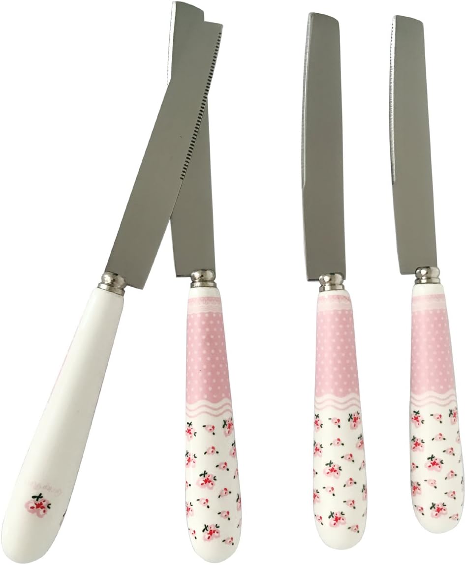 FREELOVE Pastoral Ceramic Handle Stainless Steel Flatware Sets Spoons Forks Whisk Shovel Ladle (4, 7.5'' Medium Knife 4 Packs)