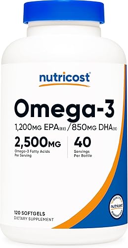 Nutricost Aceite de Pescado Omega 3 - 2500 mg, 120 cápsulas blandas (40 porciones) - Aceite de pescado, capturado en la naturaleza! 1200 mg EPA 850