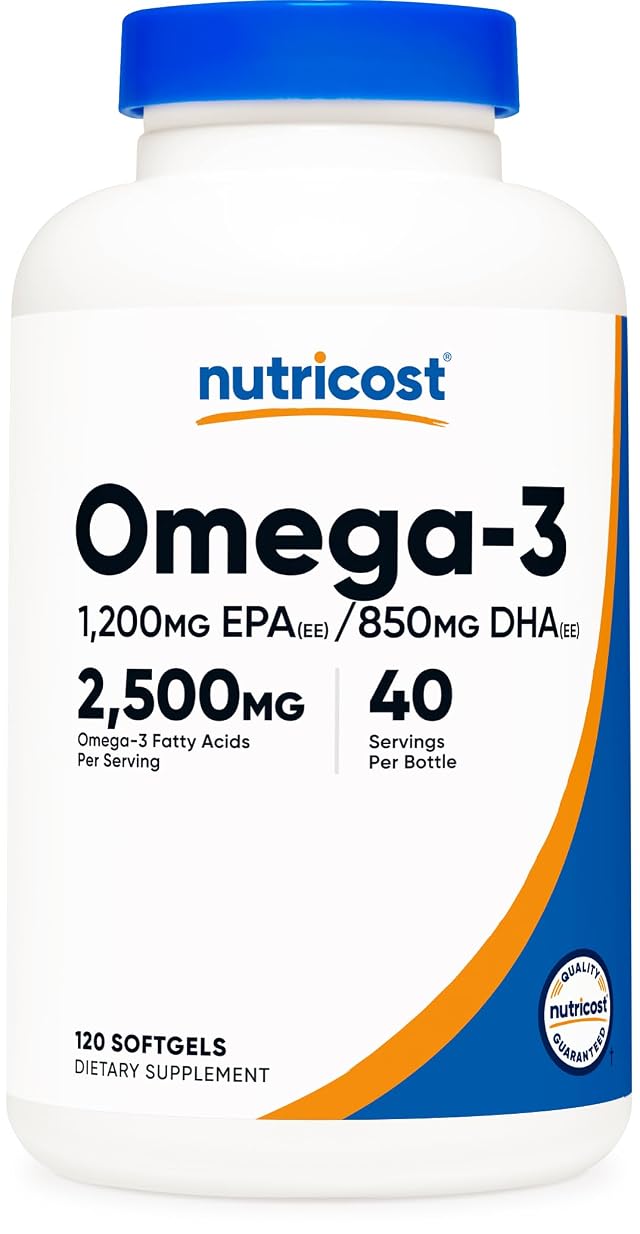 Nutricost Omega 3 Fish Oil - 2500MG 120 Softgels 40 Serv - Fish Oil Wild Caught 1200mg EPA