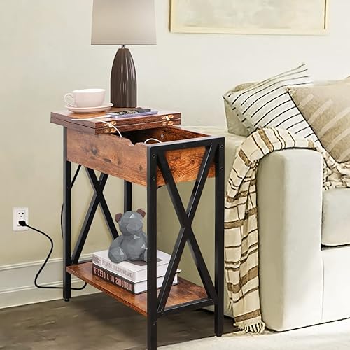 Miniatura 2 de ZenStyle Mesa auxiliar con estación de carga y estante mesa auxiliar estrecha abatible con puertos USB y tomacorrientes mesa de sofá decorativa para