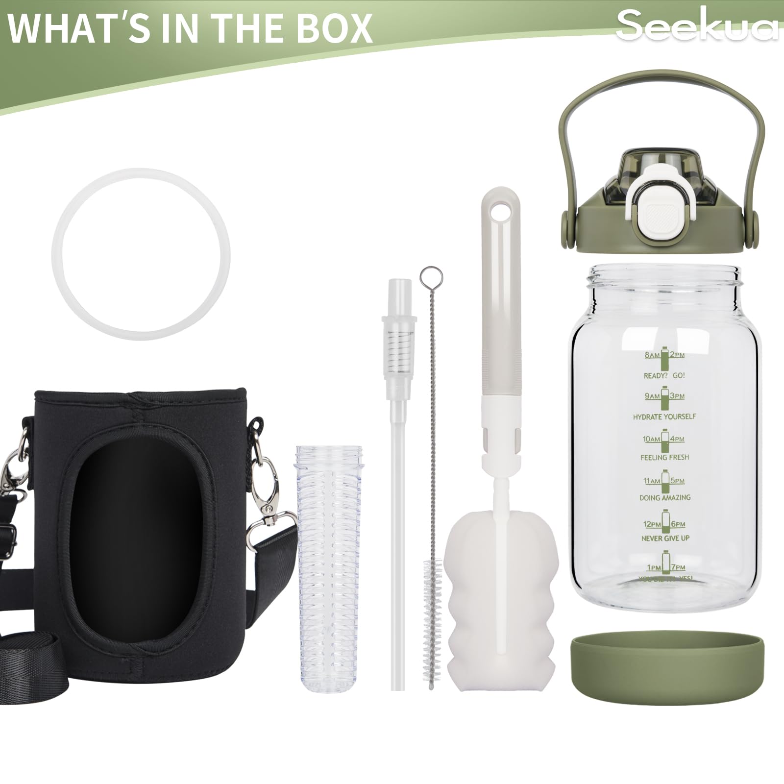 Seekua 32oz Fruit Infuser Water Bottle With Time Marker - BPA Free Glass, Straw & Sleeve