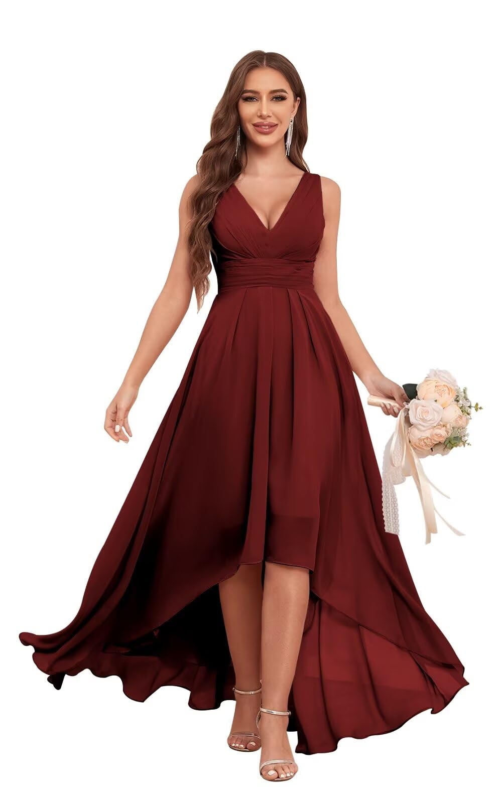 Sukleet Chiffon Bridesmaid Dresses for Women with Pockets V Neck Ruched Short Formal Party Dress