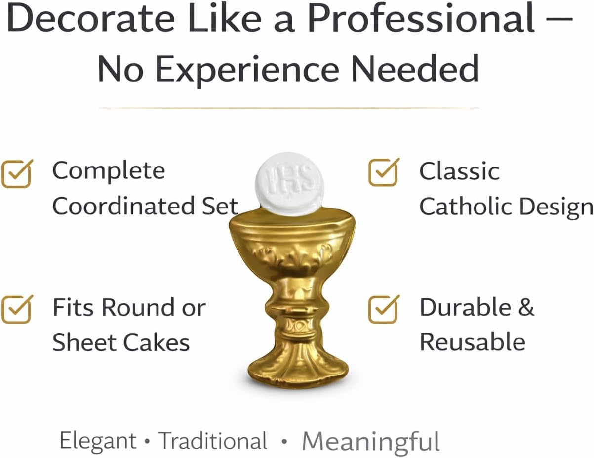 Oasis Supply First Holy Communion Cake Topper Kit – 4-Piece Religious Cake Decoration Set with Chalice & Host, Rosary, Dove and Mini Bible – Food-Safe Plastic Communion Decor
