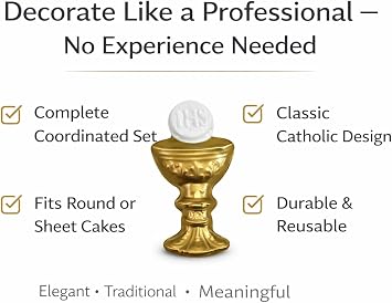 Oasis Supply First Holy Communion Cake Topper Kit 4-Piece Religious Cake Decoration Set with Chalice & Host, Rosary, Dove and Mini Bible Food-Safe Plastic Communion Decor