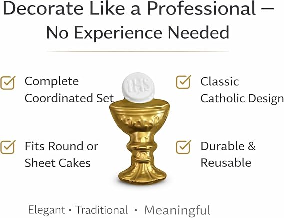 Oasis Supply First Holy Communion Cake Topper Kit 4-Piece Religious Cake Decoration Set with Chalice & Host, Rosary, Dove and Mini Bible Food-Safe Plastic Communion Decor