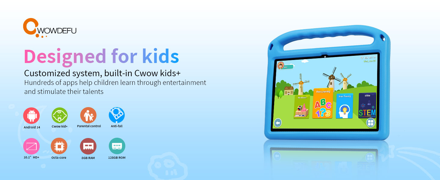 Tablette Enfant CWOWDEFU 8 Pouces – Android 11, étai Renforcé, Contrôle Parental, 32 Go Extensible