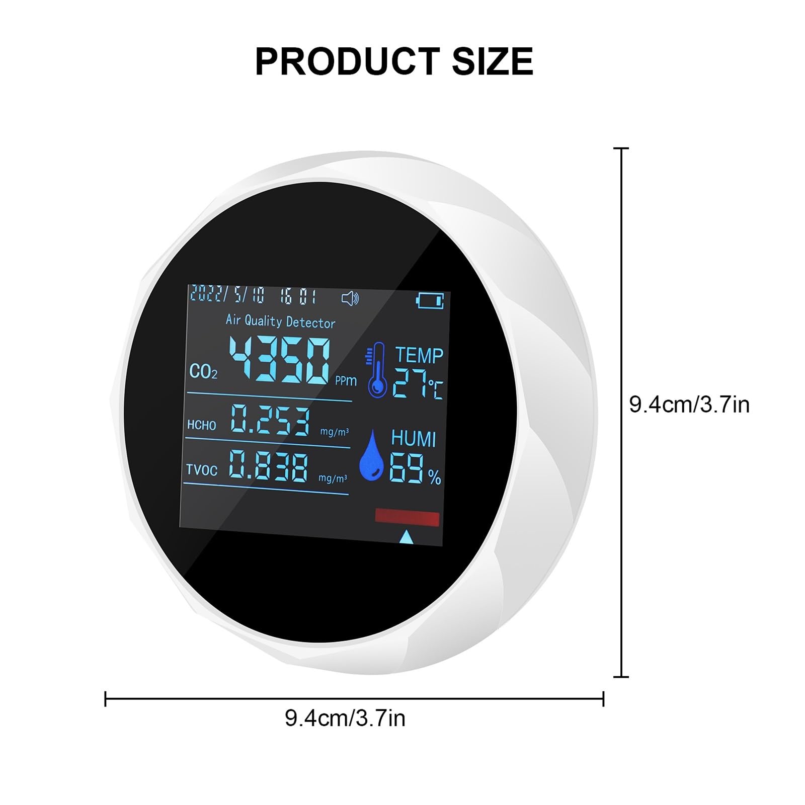 7 In 1 Misuratore di CO2 Digitale Temperatura Umidità Tester TVOC HCHO Rilevatore Monitor di qualità dell'aria Avviso Monitor di allarme(Noir)