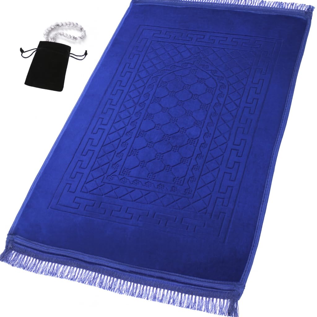 Prayer Rug Muslim Mat Islamic - Thick Prayer Rug Sajadah for Kids Men Women with Islam Prayer Beads for Eid Travel Ramadan, Soft and Luxury (Blue)