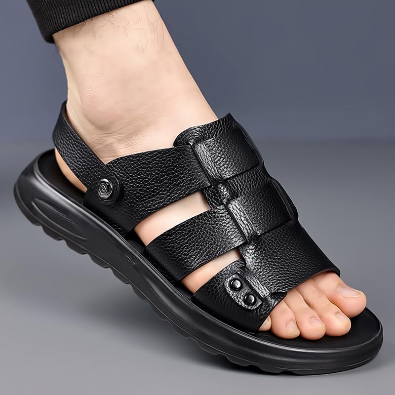 Men's Leather Flat Fashon Comfort Sandals with Adjustable Dual-Purpose Straps Soft Sole Open Toe Platform Slide-In Non-Slip Beach Water Slippers for Casual Walking Office Business Travel3