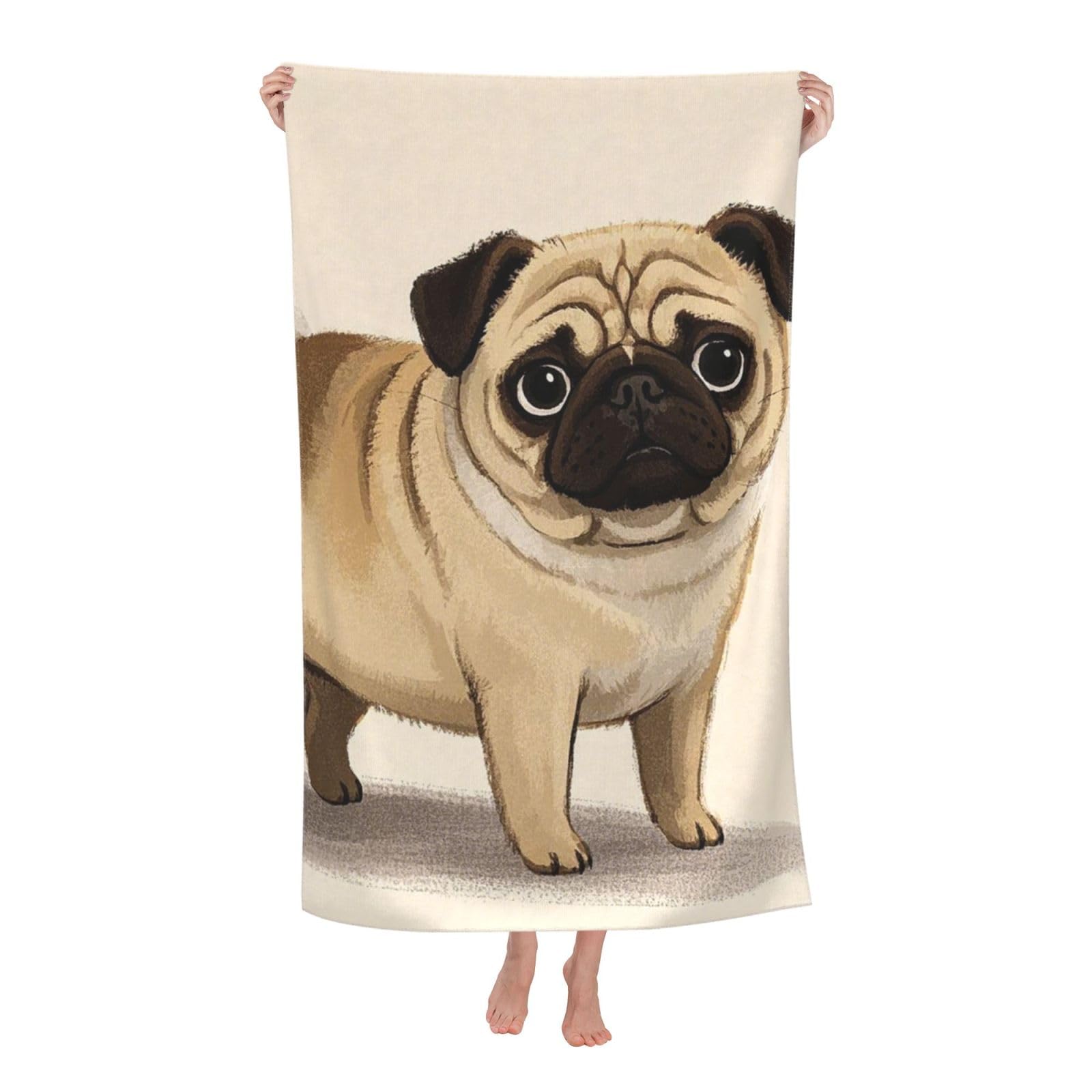 FodPand Cartoon Pug Beach Towel Oversized 52 x 32 in Sand Free Pool Swim Towels for Adult Travel Blanket Lightweight Quick Dry Absorbent Bath Towels Cruise Vacation Accessories