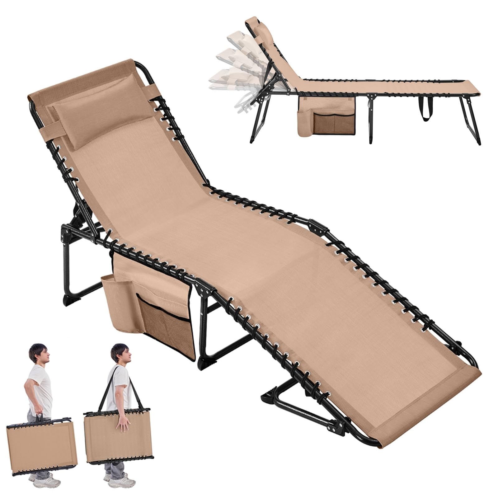 Yaheetech Lettino Sdraio Pieghevole Regolabile in 5 Posizioni per Esterno Giardino Spiaggia Campeggio con Poggiatesta e Tasca, 189 x 57 x 34 cm, Colore Beige