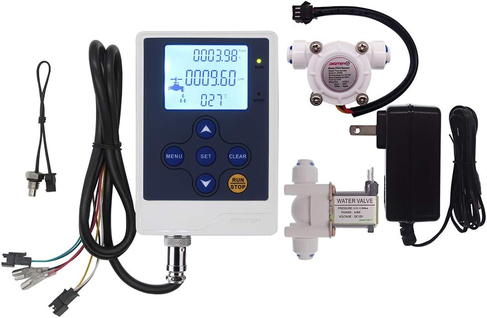 Water Flow Control LCD Display+G1/4" Flow Sensor Meter+12V G1/4" Solenoid Valve 0.02-0.8Mpa