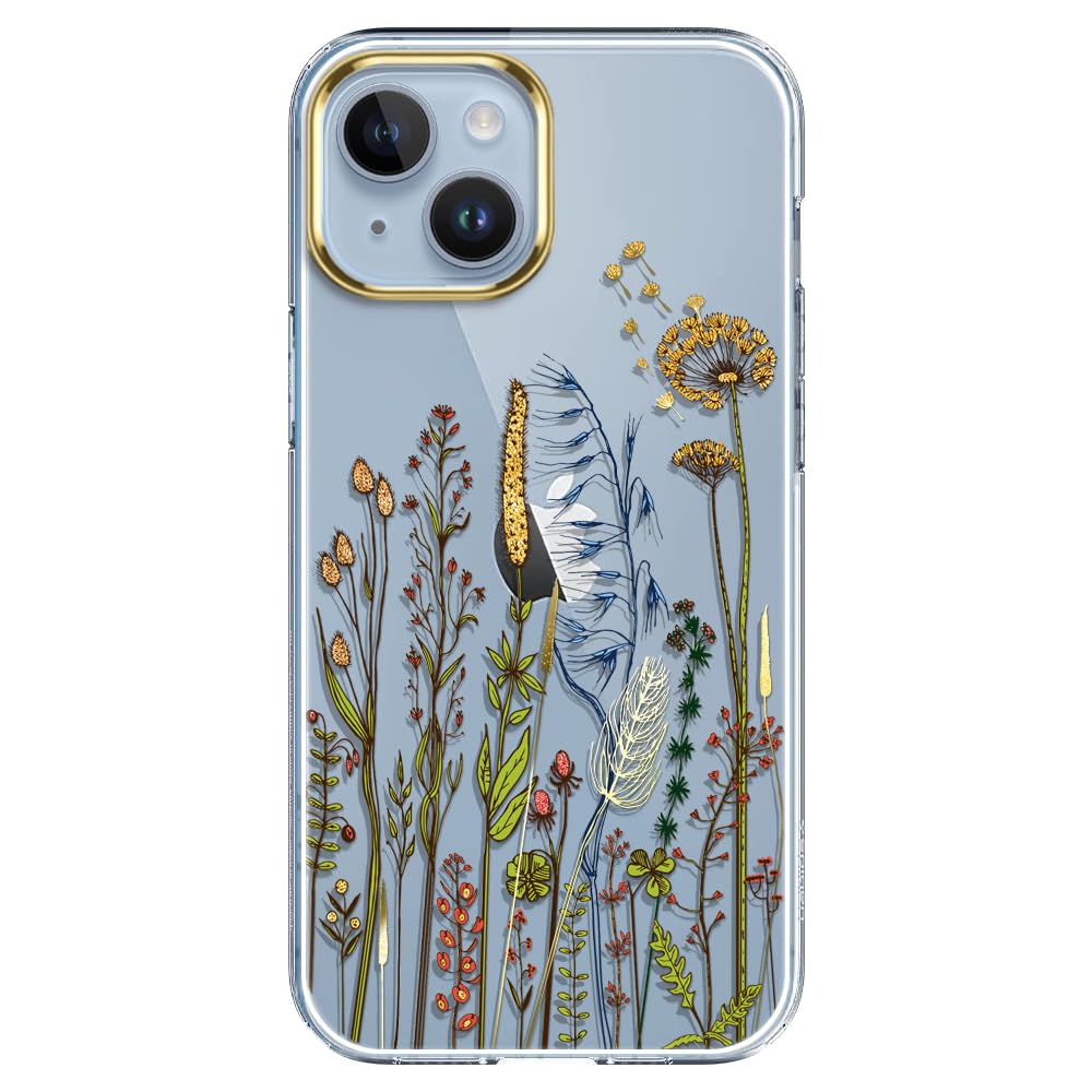 luolnh Compatible with iPhone 13 Case for Girly Women Shockproof Clear Plant Pattern Hard Back Cover for iPhone 13 6.1 inch 2021(Barley Flower)