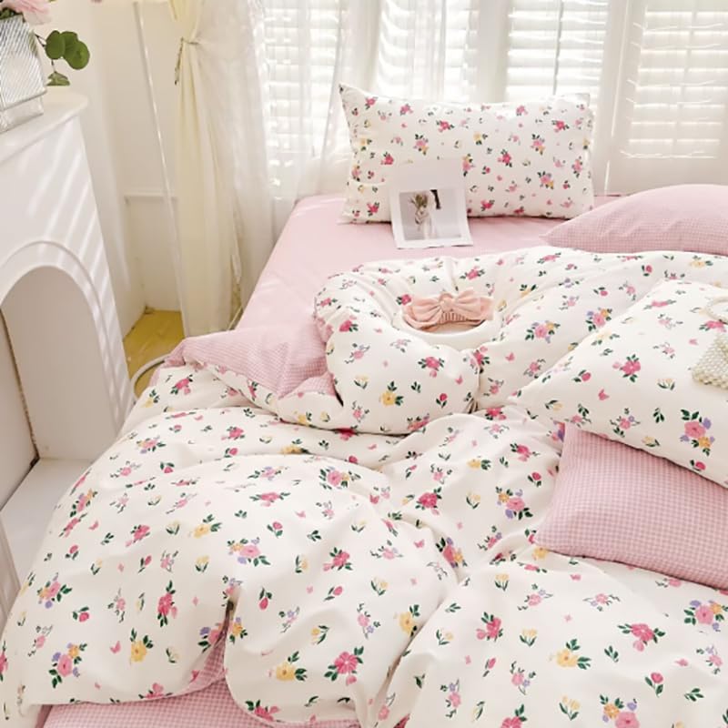 Michorinee Pink Floral King Size Duvet Cover Set 100% Cotton Chic Flowers Bedding Set Reversible White and Pink Comforter Cover 220x230 with Zipper Closure and 2 Pillow cases โ image 1