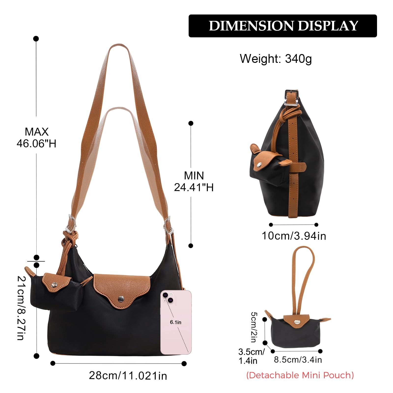 Long Keeper Borse a tracolla da donna piccola borsa hobo in nylon leggera borsa da viaggio borsa a tracolla borse a tracolla con mini sacchetto set