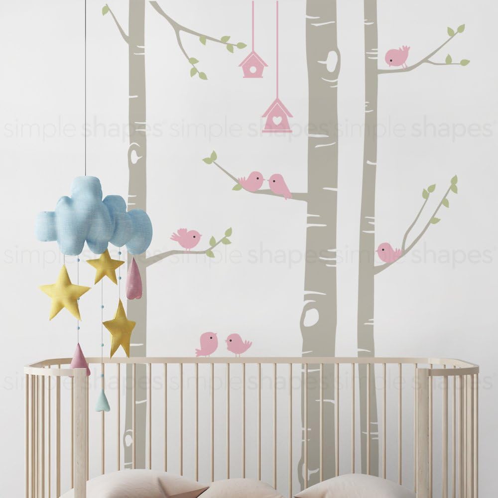Birch Tree with Birds Wall Decal W1119 - Scheme A - 108" (274 cm) Tall Trees - by Simple Shapes ®