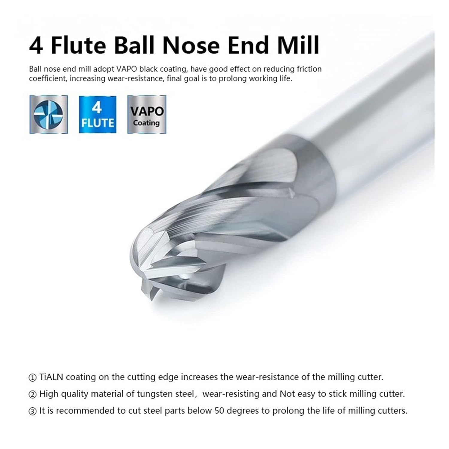 1pcs Solid Carbide 4 Flute Ball Nose End Mill R1.0-R8.0 CNC Milling Tool Spiral Router Bit Milling Cutter Ball Nose End Mill Cutter for Metal Copper Steel