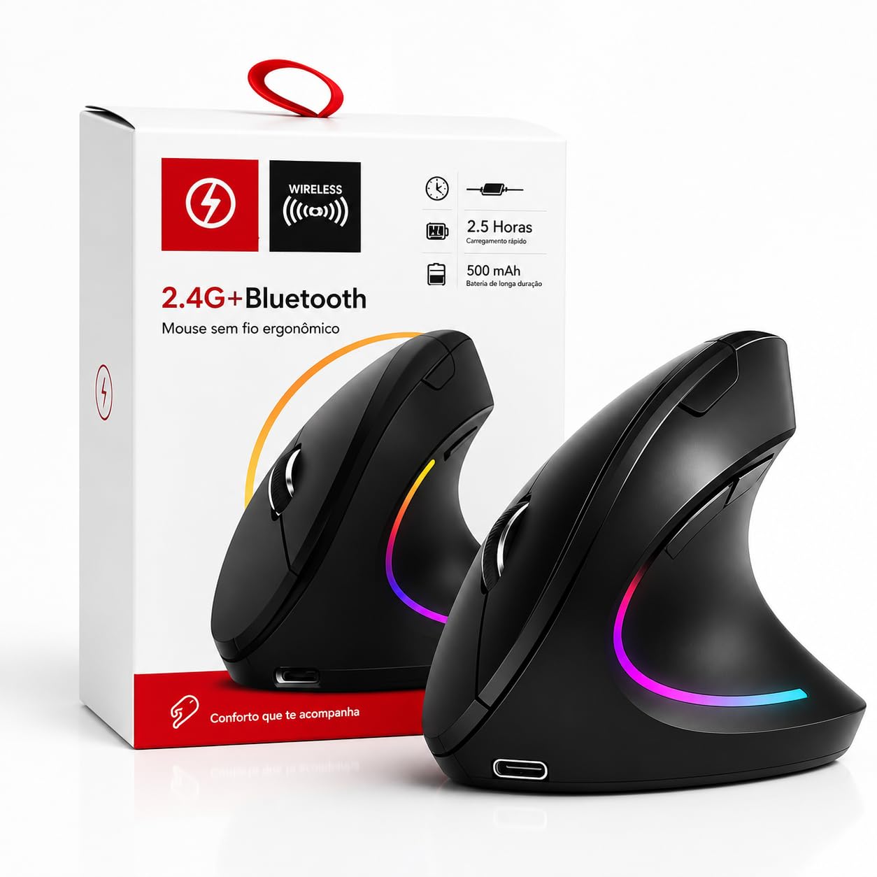 Mouse Ergonômico Sem Fio Vertical Ortopédico Recarregável Clique Silencioso RGB, DPI
