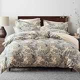 ALEISSEL 100% Natural Cotton 3pcs Duvet Cover Sets-Beige Duvet Cover with Luxurious Green, Gray & Yellow Leaves Patterns,Reversible Botanical Comforter Cover Sets with Button Closure(Queen,Paisley