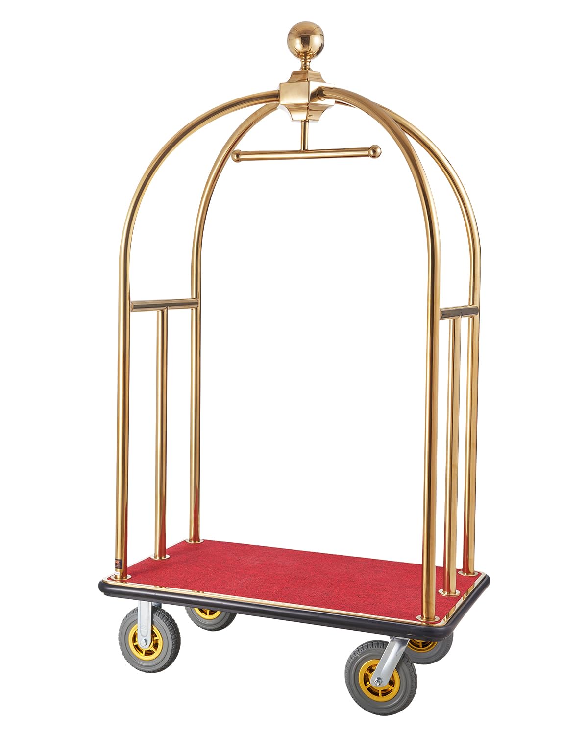 VEVOR Carrello Portavaligie per Hotel, Carico 680 kg Carrello Trasporto Portavaligie in Acciaio Inox Spazzolato con Montanti Curvi, Ponte in Moquette Rossa, Ruote in Gomma 203,2 mm per Hotel Condomini