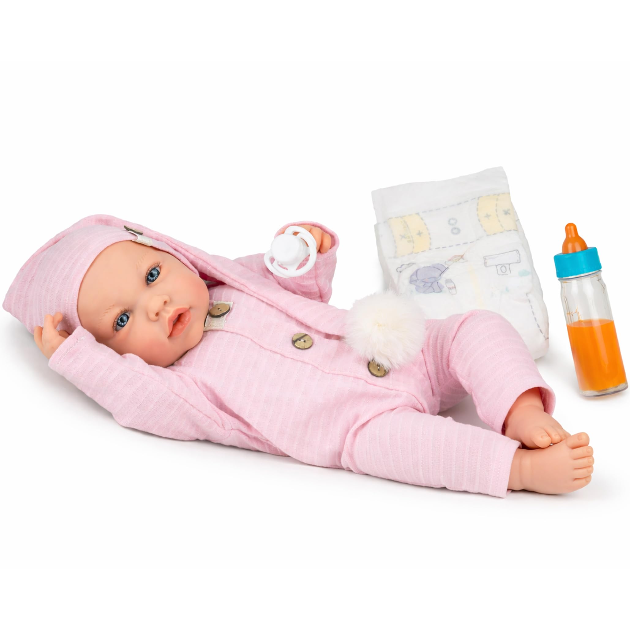 Marina & Pau Lia Lia lalka niemowlęca 45 cm, z miękkim ciałem – miękka lalka do zabawy ze smoczkiem, butelką i pieluchą, dla dzieci (rozm. 45 cm)