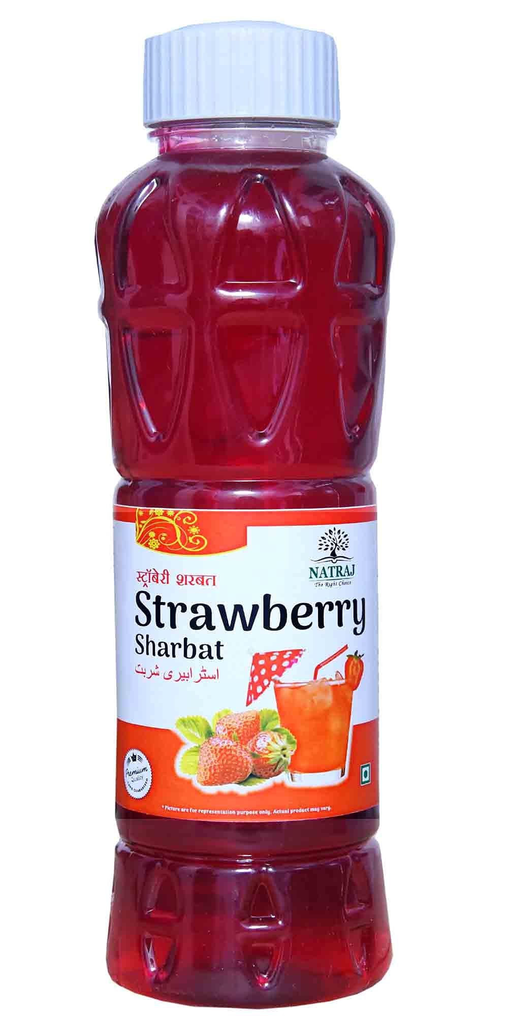 Natraj The Right Choice Strawberry Sharbat Syrup. Perfect for making cool drinks, desserts, and more, this 750 ml bottle provides rich strawberry flavor that delights your taste buds. Ideal for summer refreshments or adding a fruity twist to your recipes.