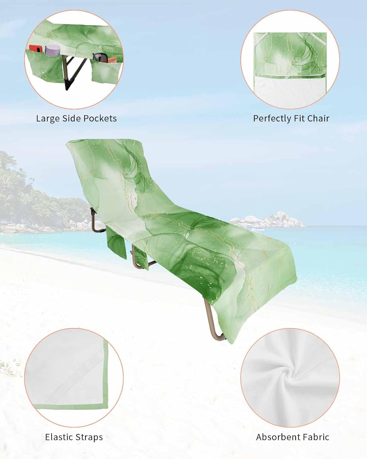 Marble Green Beach Pool Patio Lounge Chaise Chair Cover Towel With Pockets,Absorbent & Quick Dry Microfiber Towel Cover Bag Summer Accessories for Sunbathing Modern Minimalist Geometric Abstract Gold