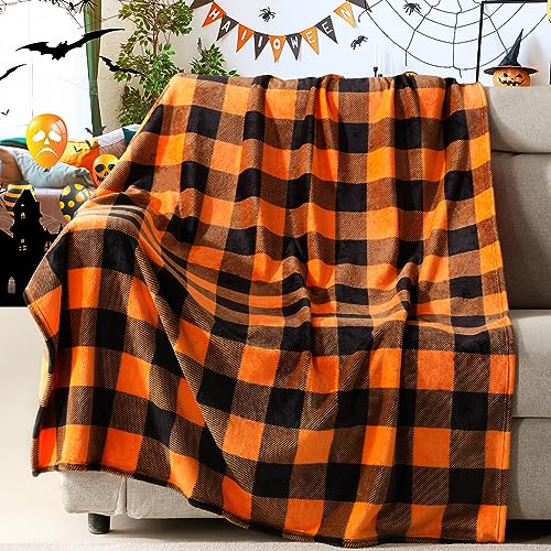 Touchat Halloween Blanket, Fleece Throw Blankets, Buffalo Plaid Throw Blanket for Couch Sofa Bed, Soft Warm Fuzzy Cozy Plush Checkered Blanket, Farmhouse Fall Decor, Orange and Black