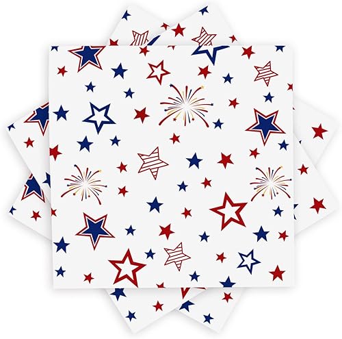 Quera - Paquete de 50 servilletas de papel para fiestas patrióticas con estrellas, fuegos artificiales, 4 de julio, Día de los Caídos, Día de la