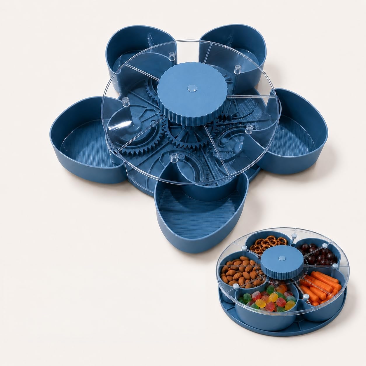 Divided Serving Tray that Spins, Spinning Lazy Susan Organizer, Blue, Flower Design