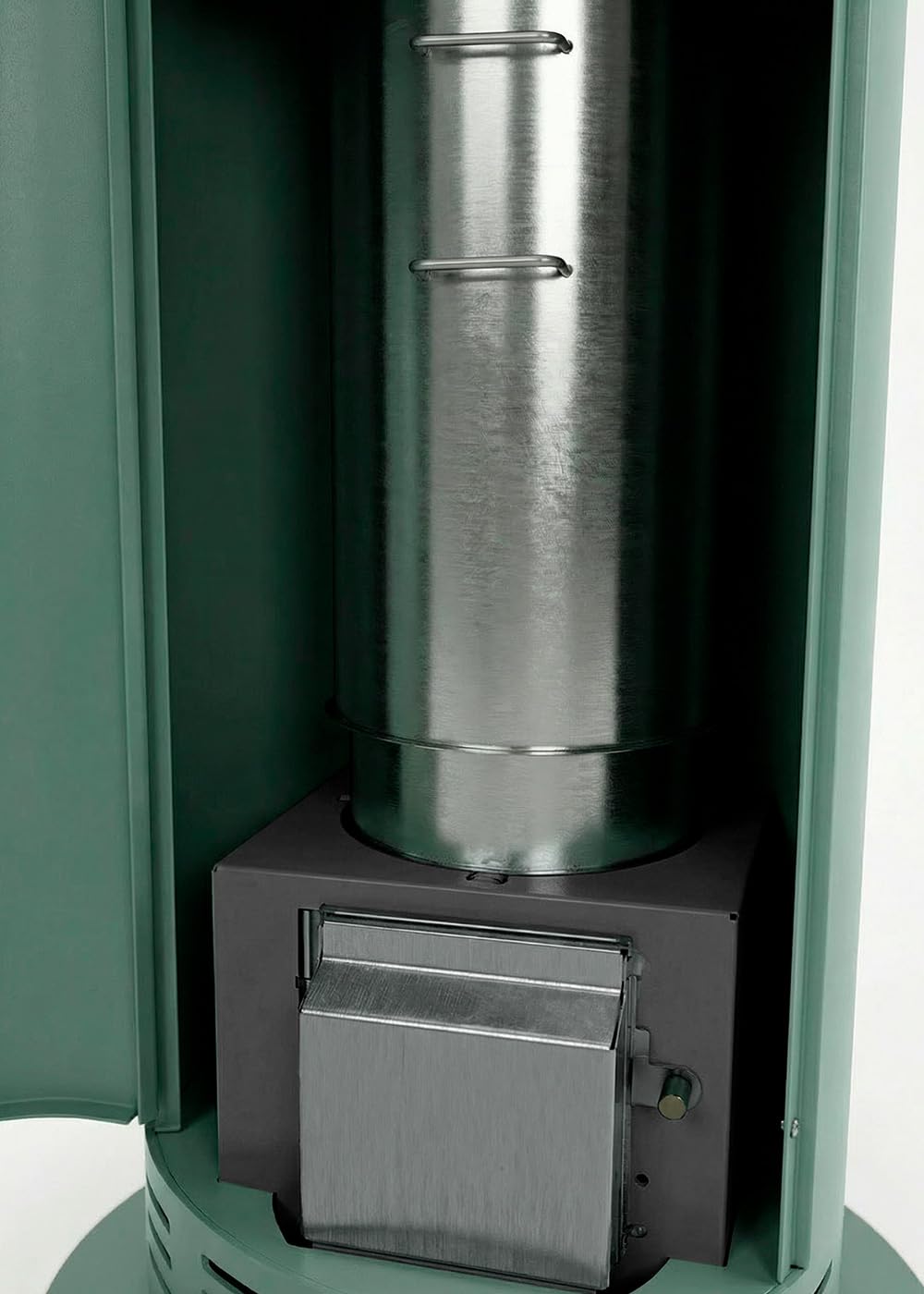 CREATE/FIRE ROUND PELLET HEATER/Estufa de exterior de pellets sin humo verde sage/Libre de humos, control de la llama, cobertura 9m2, consumo 3 horas y media, 17.5 kW