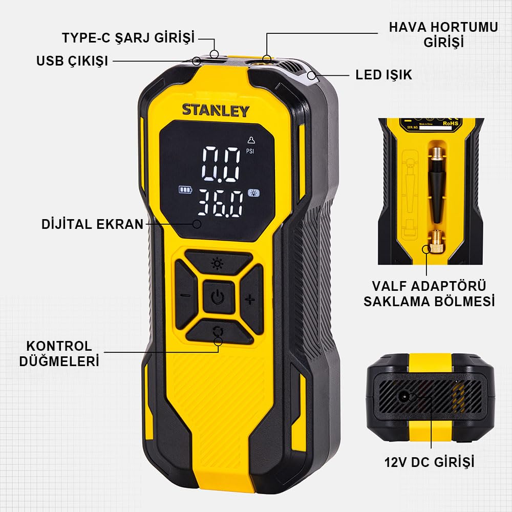 STANLEY SXIF0101 Compresseur sans fil 10 bar coupure automatique, écran numérique, avec 1 accu, avec fonction powerbank