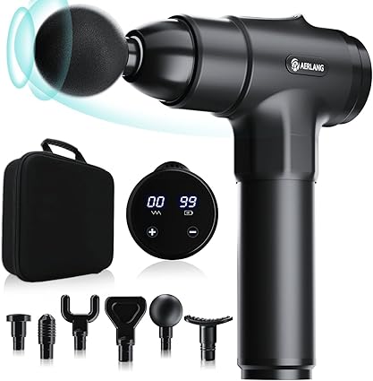 AERLANG Pistola de Masaje Muscular Eléctrica, con 6 Cabezales Intercambiables y 20 Niveles de Velocidad, Masajeador de Músculos Profundo – Regalo para Hombres y Mujeres