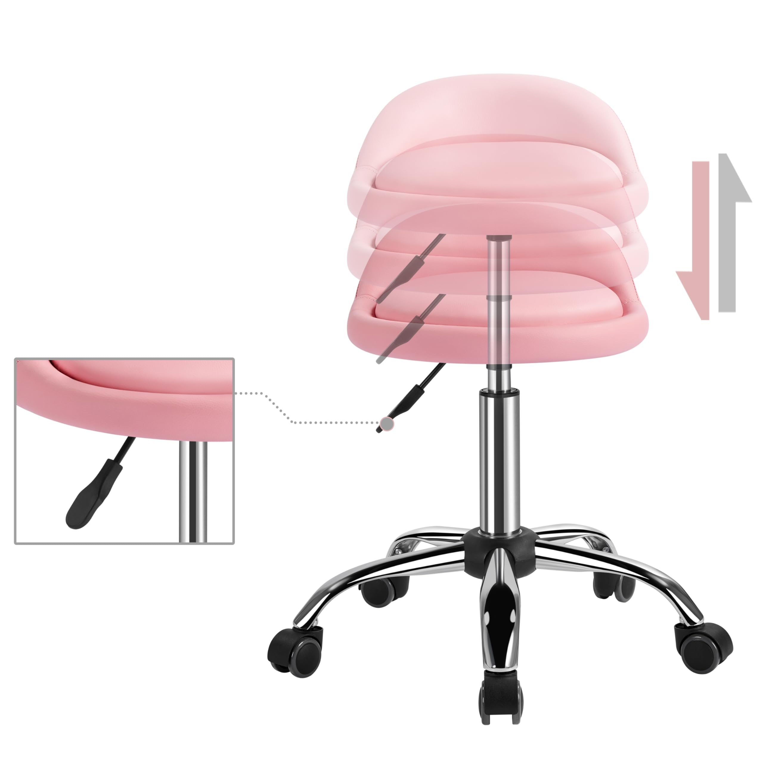 Sgabello con Ruote Estetista Regolabile in Altezza per Toeletta Trucco Girevole Rosa