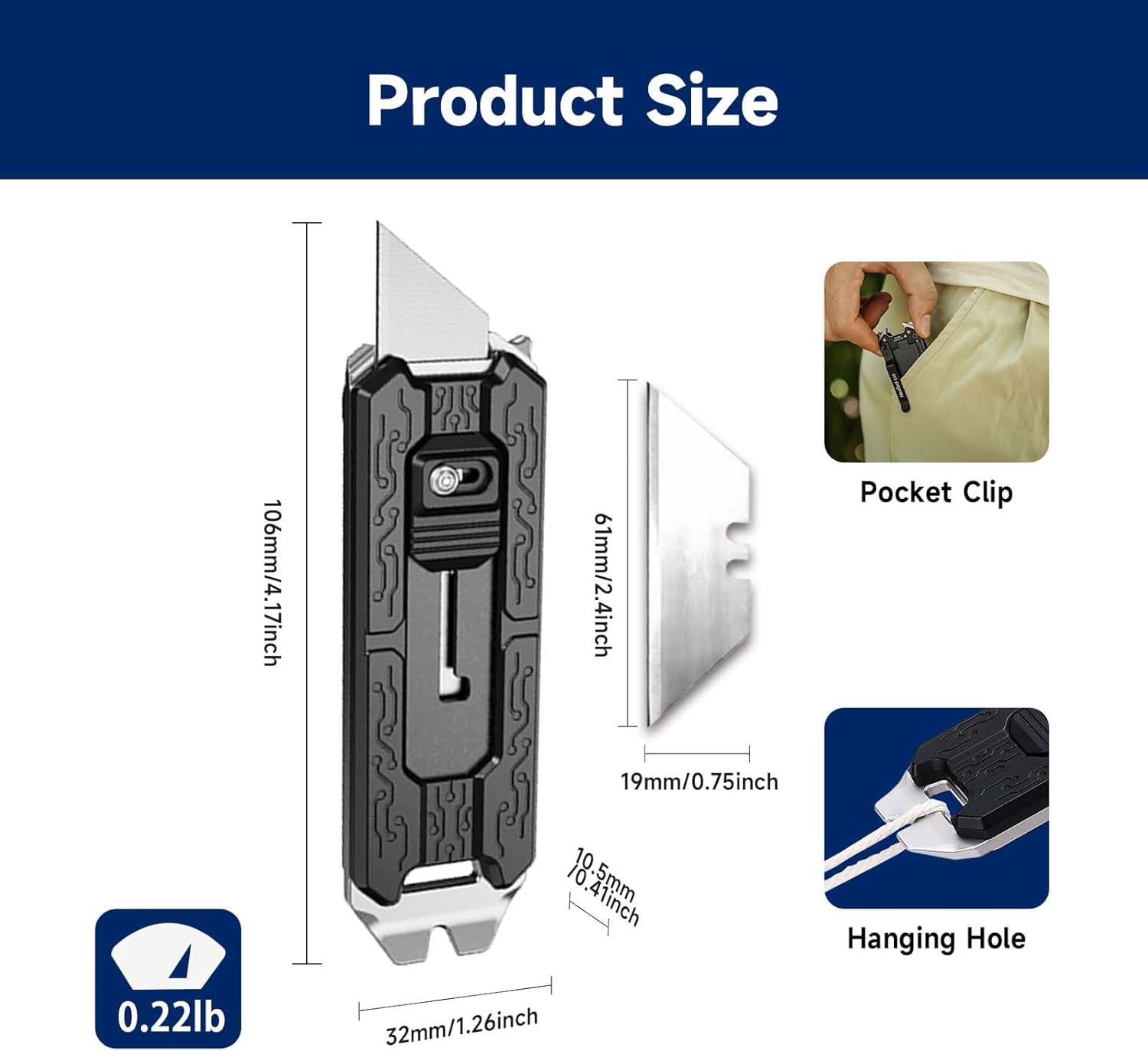NexTool E20, Box Cutter Retractable with 3 Blades Storage, Quick Change Utility Knife with Pry Bar, Bottle Opener, Pocket Clip, Multi Tool Pocket Knife for EDC, Outdoor, Daily Cutting (Magazine Blade)