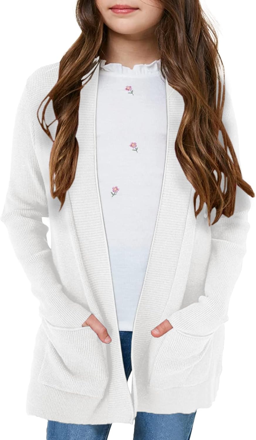 Girls Long Sleeve Casual Cardigan Kids Open Front Soft Knit Oversized Sweater with Pockets